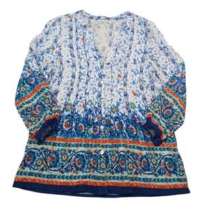 Figueroa & Flower Blue Orange Floral Pintuck Button Front Blouse PS 100% Rayon